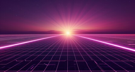 A retro futuristic background with glowing grid lines and dark purple sky, 80s style