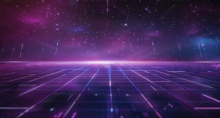 A retro futuristic background with glowing grid lines and dark purple sky, 80s style