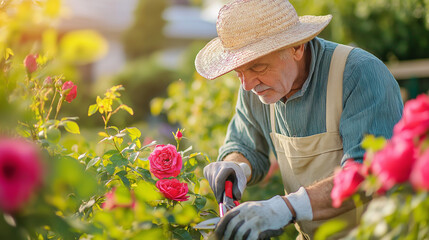 Senior man gardening roses in summer garden wearing straw hat