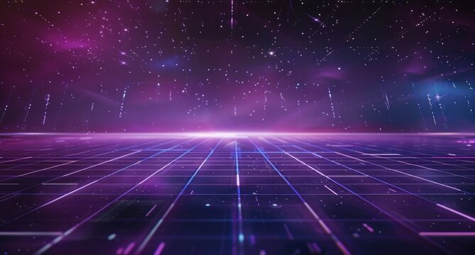 A retro futuristic background with glowing grid lines and dark purple sky, 80s style