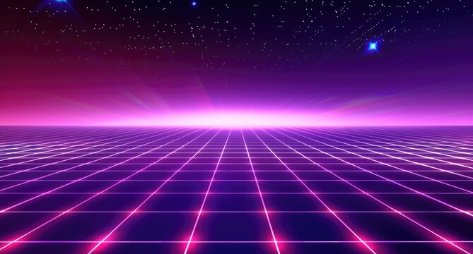 A retro futuristic background with glowing grid lines and dark purple sky, 80s style
