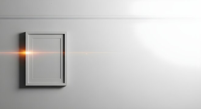 empty picture frame on white wall with bright lens flare