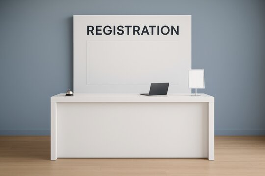 Minimalist hotel reception desk, featuring a crisp white counter and a dusty blue wall, offers inviting space for guest registration