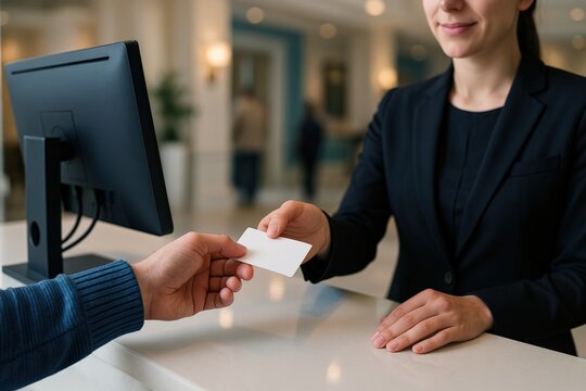 Professional hotel receptionist provides warm hospitality, smoothly exchanging a payment card with a guest at the modern, inviting reception desk