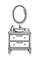 Obraz premium A simple and elegant black and white sticker-style illustration of a modern bathroom vanity with a vessel sink and an oval mirror, a chic icon for home decor. 