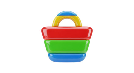A brightly colored plastic toy shopping basket with a yellow handle, stacked red, green, and blue sections, isolated on a white background.