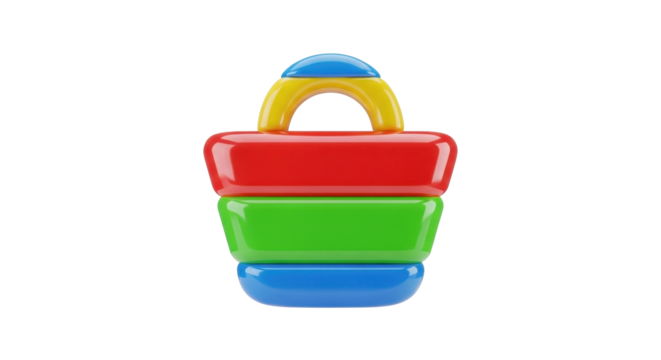 A brightly colored plastic toy shopping basket with a yellow handle, stacked red, green, and blue sections, isolated on a white background.