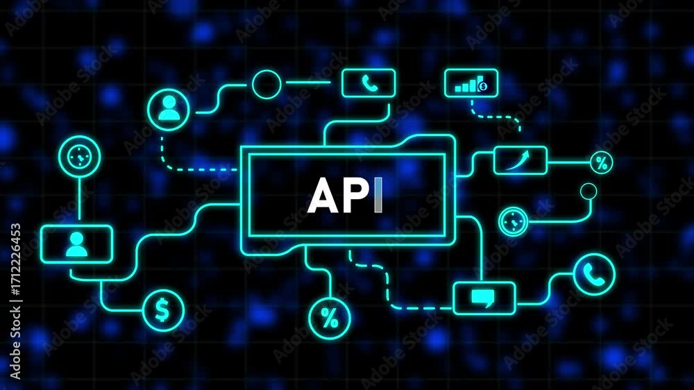 Poster digital network diagram illustrating api integration with icons for people money and communication