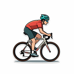 Obraz premium A dynamic sticker-style illustration of a male cyclist in a helmet and sunglasses riding a road bike, symbolizing speed, endurance, and competitive racing. 