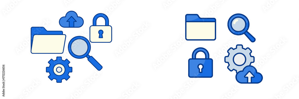 Poster digital data management icons set featuring cloud storage, file security, search, and system setting