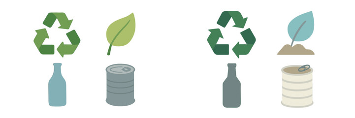 Green recycling symbols with bottles, cans, and leaves promoting environmental conservation and sustainability, representing eco-friendly practices and waste reduction