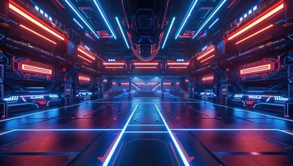 A virtual arena with blue and red neon lights, featuring an empty stage for the game's virtual match.