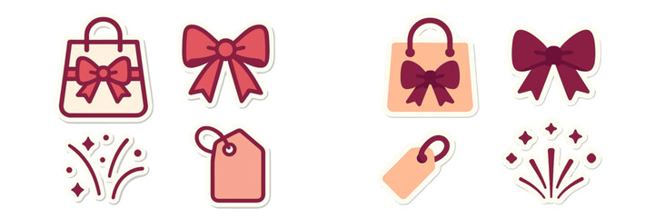 Holiday and retail graphic elements featuring gift bags, decorative bows, price tags, and festive sparkles