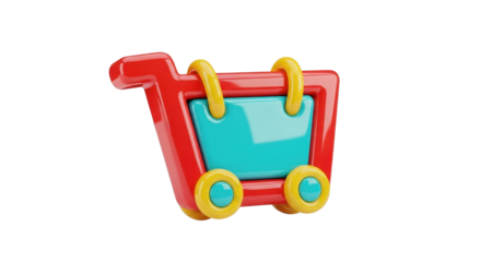 A vibrant 3D cartoon shopping cart icon with a red frame, yellow accents, and a turquoise basket, isolated on a white background, symbolizing commerce and online purchasing.