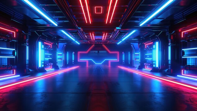 A virtual arena with blue and red neon lights, featuring an empty stage for the game's virtual match.