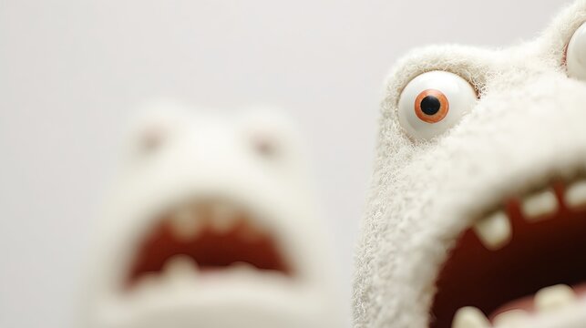 Two white sock puppets are shown. One is in focus, displaying its eye, mouth, and teeth. The other puppet is blurred and in the background; it also has its mouth open
