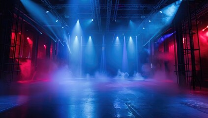 a wide shot of an empty stage with dramatic lighting and fog, red and blue lights, cinematic