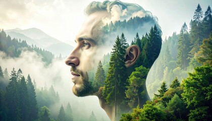 A profile view of a man whose head is a composite image of a lush forest and a mountain landscape, evoking a serene and contemplative mood.