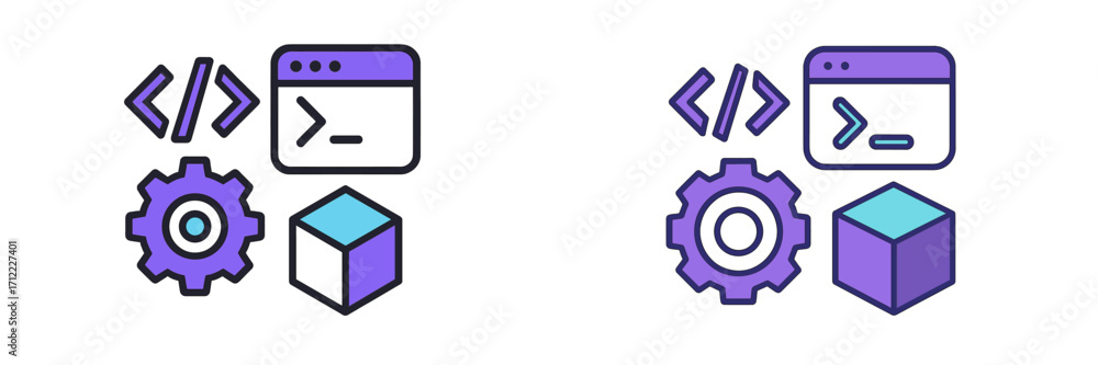 Poster modern programming and development icons featuring code tags, terminal window, gear, and 3d cube sym