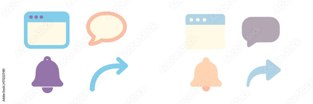 Poster collection of user interface elements including browser windows, message bubbles, notification bells