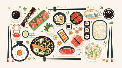 Colorful Asian cuisine spread on a table, featuring various dishes and ingredients