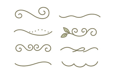 Set of elegant hand drawn decorative line dividers with flourishes, swirls, and organic leaf elements for design