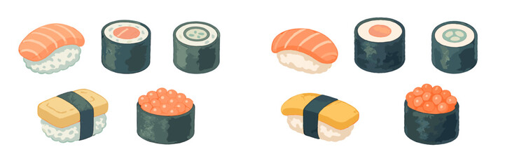 Assortment of traditional Japanese sushi and maki rolls including salmon nigiri, cucumber maki, and ikura gunkan © icon_art