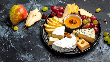 Assorted cheeses, pears, grapes, and honey on a platter