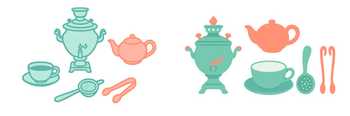 Collection of traditional Russian samovars, elegant teapots, classic teacups, and essential tea serving accessories for a cozy tea ceremony