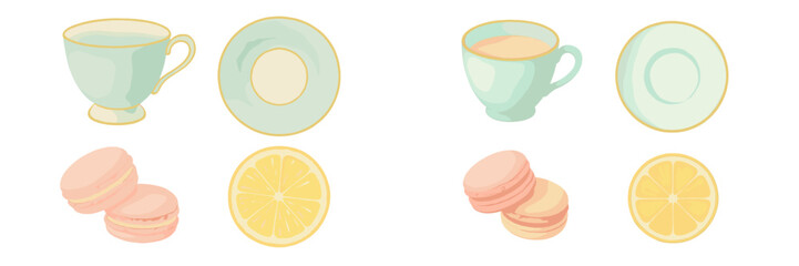 Elegant pastel teacups, saucers, sweet macarons, and fresh lemon slices arranged for a delightful tea time gathering