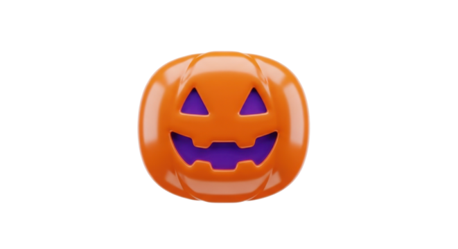 A bright orange, glossy 3D rendered jack-o'-lantern with a carved, smiling face featuring triangular eyes and a wide, toothy grin, set against a clean white background. - Powered by Adobe