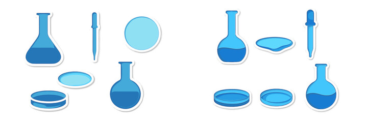 Science laboratory glassware and tools with blue liquid in a modern layered paper cut style, perfect for educational and scientific projects