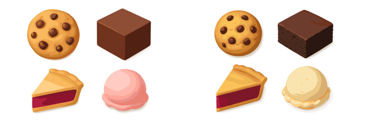 Collection of sweet desserts featuring chocolate chip cookies, rich fudge brownies, berry pie slices, and creamy ice cream scoops