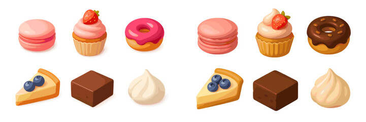 Collection of various sweet baked goods and confectionery items including macarons, cupcakes, donuts, and cheesecake