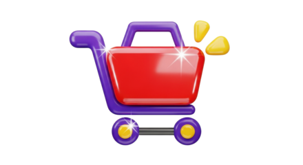 A vibrant 3D illustration of a shopping cart with a bright red basket and purple frame, symbolizing commerce and online purchasing.