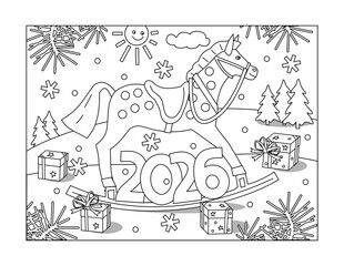 2026 year zodiac symbol red rocking horse in winter holidays coloring page, poster, sign or banner black and white activity sheet 
