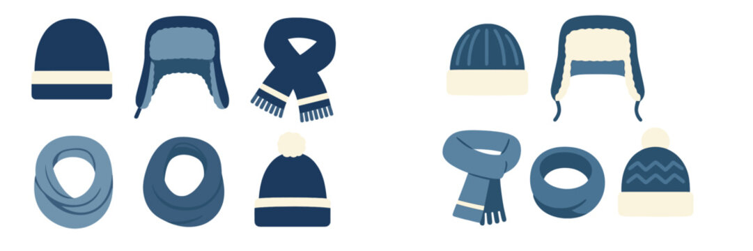 Variety of warm winter headwear and neckwear featuring knitted beanies, trapper hats, and different scarf styles