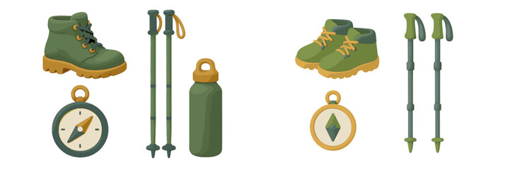 Essential hiking and camping gear collection with boots, trekking poles, water bottle, and compass for outdoor adventure