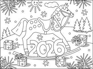 2026 year zodiac symbol red rocking horse in winter holidays coloring page, poster, sign or banner black and white activity sheet 
