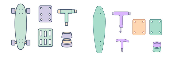 Comprehensive set of skateboard and longboard components including decks, trucks, wheels, and essential maintenance tools