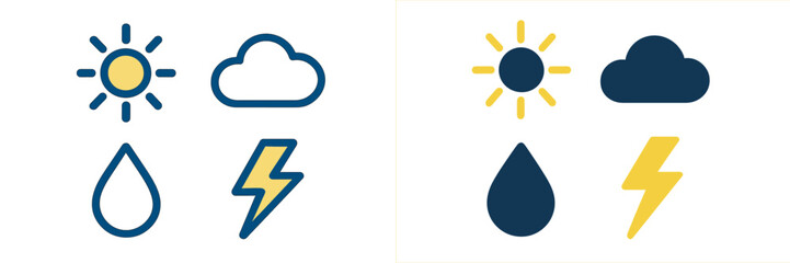 Modern weather forecast symbols set including sun, cloud, raindrop, and lightning bolt in both outline and solid fill designs