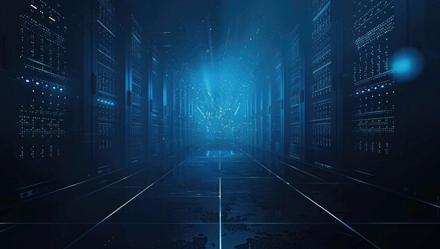 Blue glowing light, data center background banner with server room in dark. Big digital technology concept for web design - Powered by Adobe
