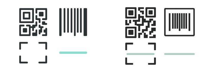 Collection of QR code and barcode scanning interface icons with focus frames and active scan lines for digital applications and mobile technology