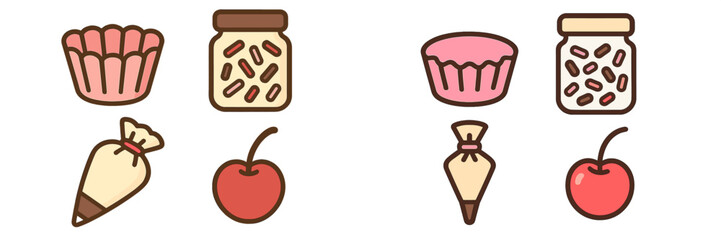 Sweet dessert baking and decorating elements with cupcake liners, sprinkles, piping bags, and fresh cherries