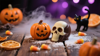Spooky sweet scene – Halloween chocolate truffles with eerie mist of powdered sugar and warm orange-purple bokeh lights