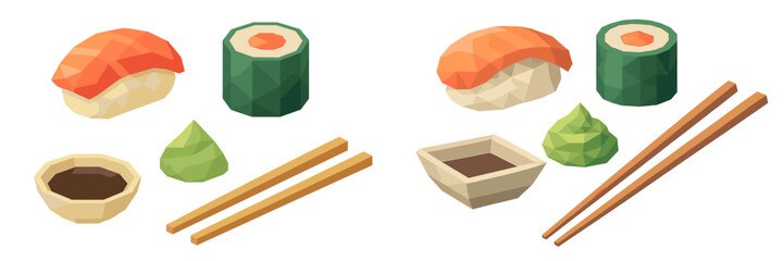 Traditional Japanese sushi, maki rolls, wasabi, soy sauce, and chopsticks in a modern low poly design © icon_art
