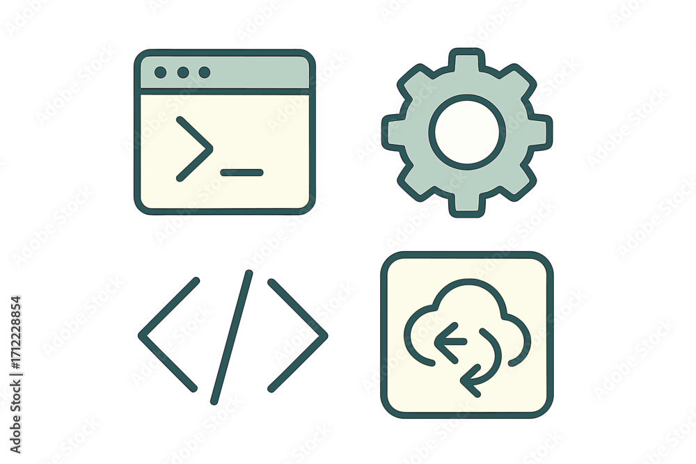 Aufkleber collection of programming and web development icons including terminal, gear, html tags, and cloud s