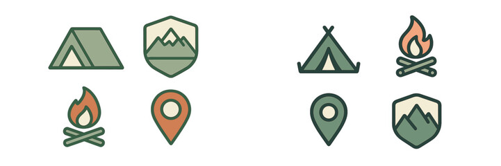 Outdoor adventure camping elements with tents, campfires, mountains, and location pins for nature exploration and travel design
