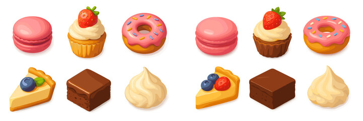 Assortment of delicious sweet desserts and baked goods including macarons, cupcakes, donuts, cheesecake, and brownies