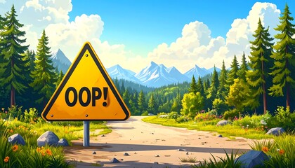 Yellow caution sign "OOP!" on a dirt road through a lush forest and mountains